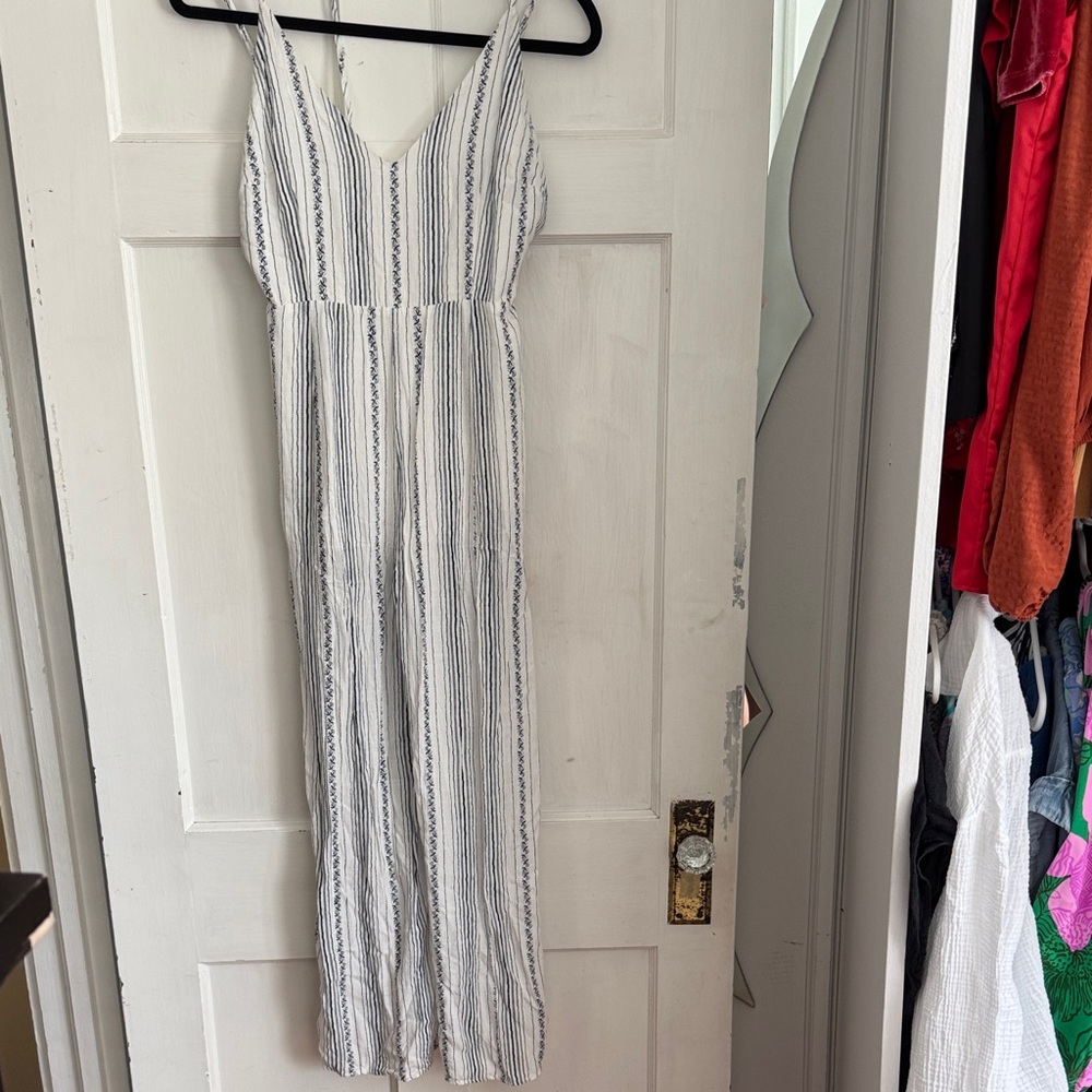 Striped White and Navy V-Neck Women's Jumpsuit Dress